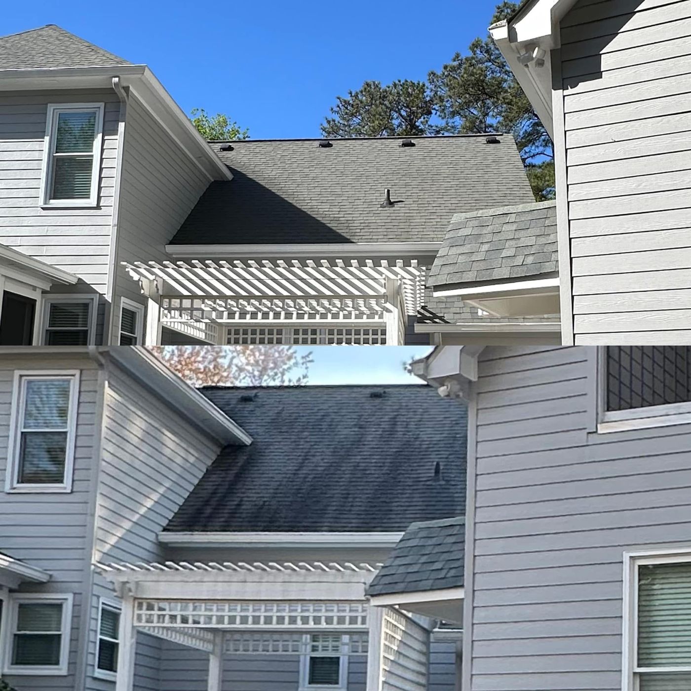 Roof cleaning result — black streaks removed from shingles