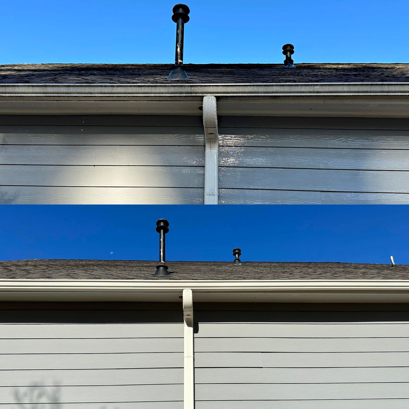 Roof cleaning result — black streaks removed from shingles