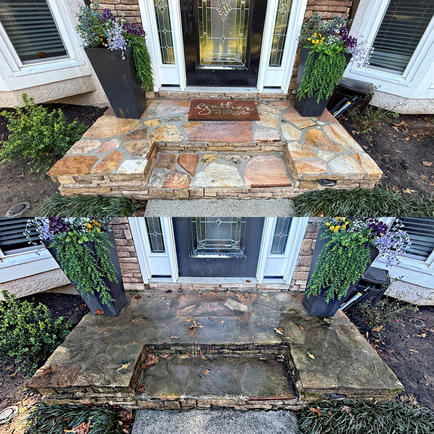 Concrete and brick cleaning result — freshly washed surface