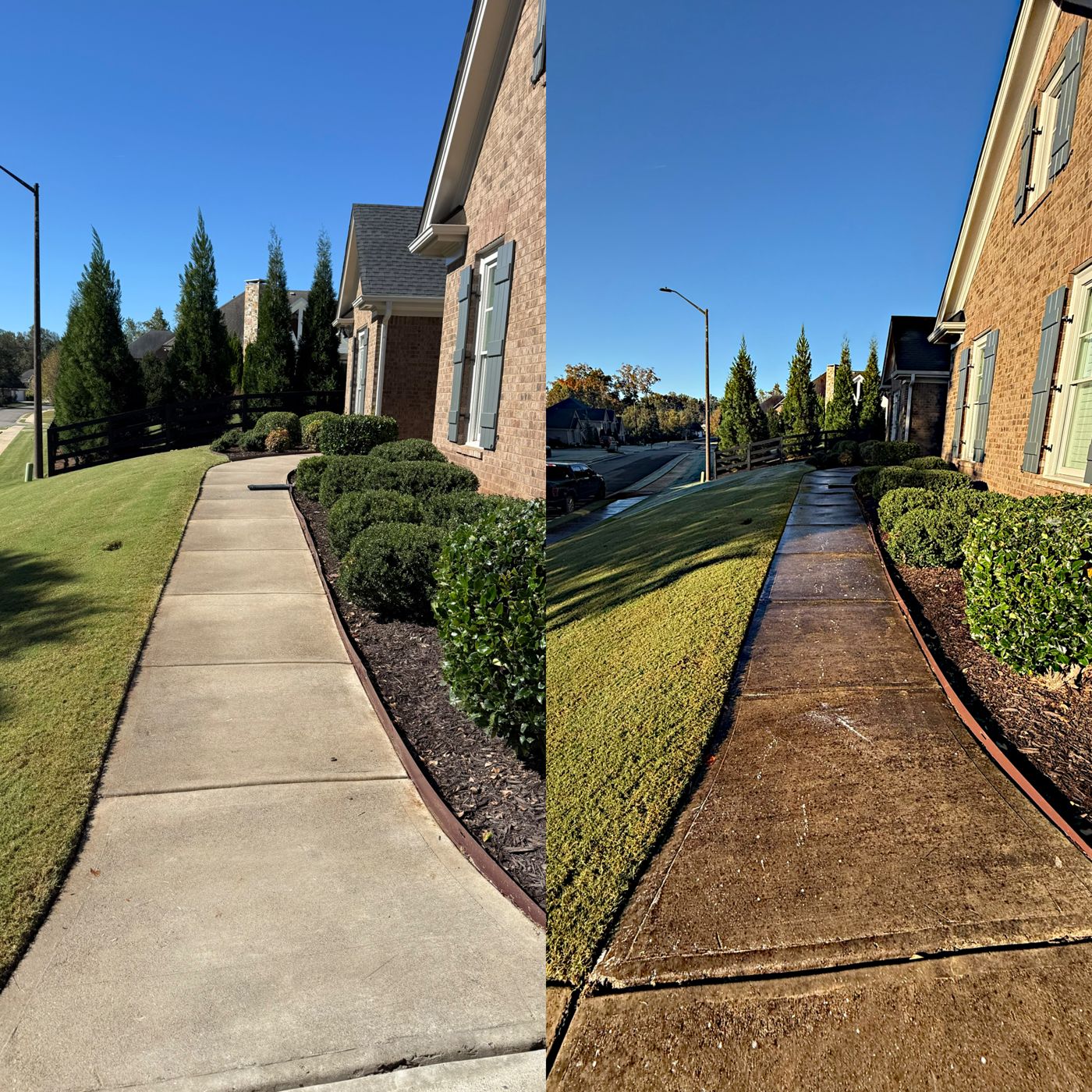 Concrete and brick cleaning result — freshly washed surface
