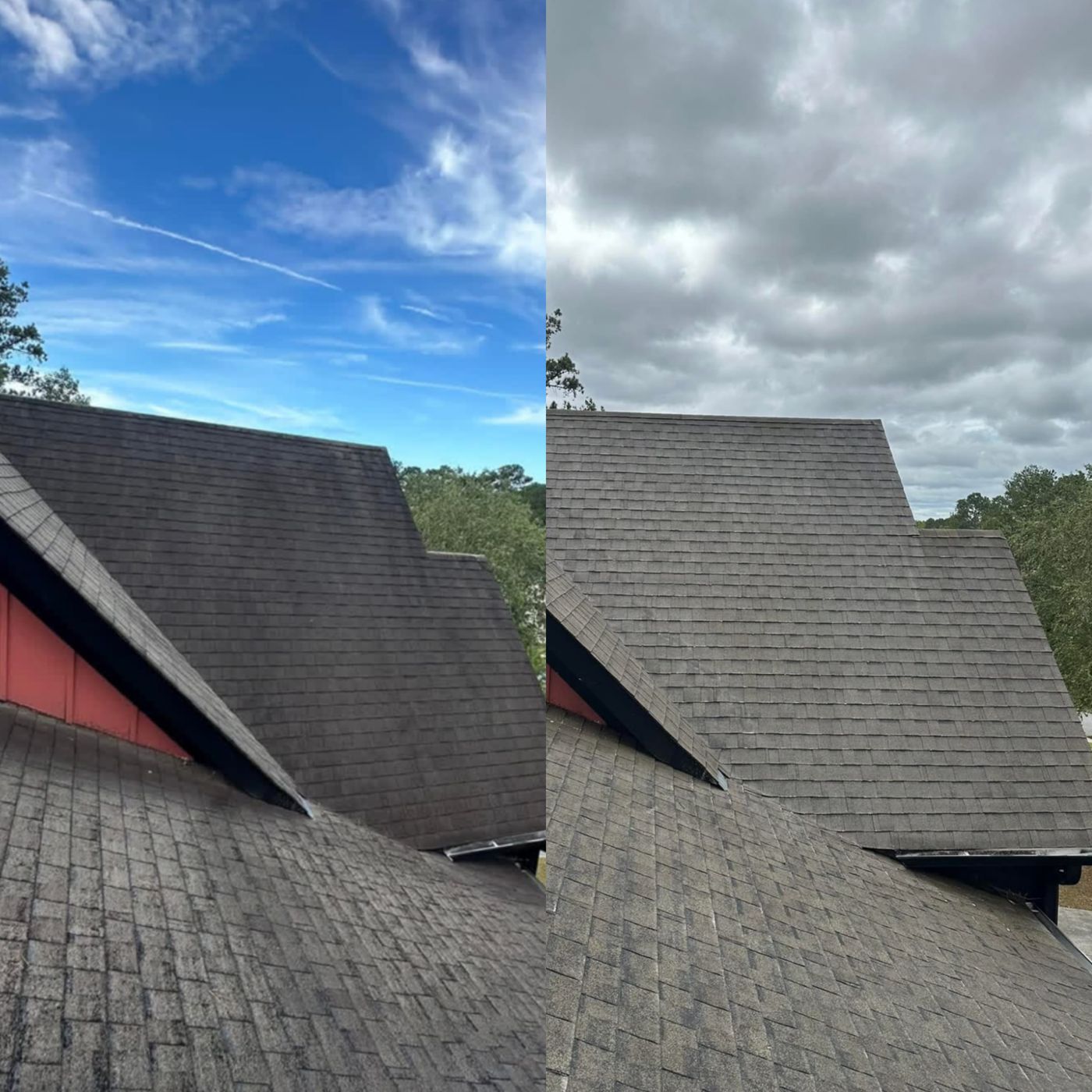 Roof cleaning result — black streaks removed from shingles