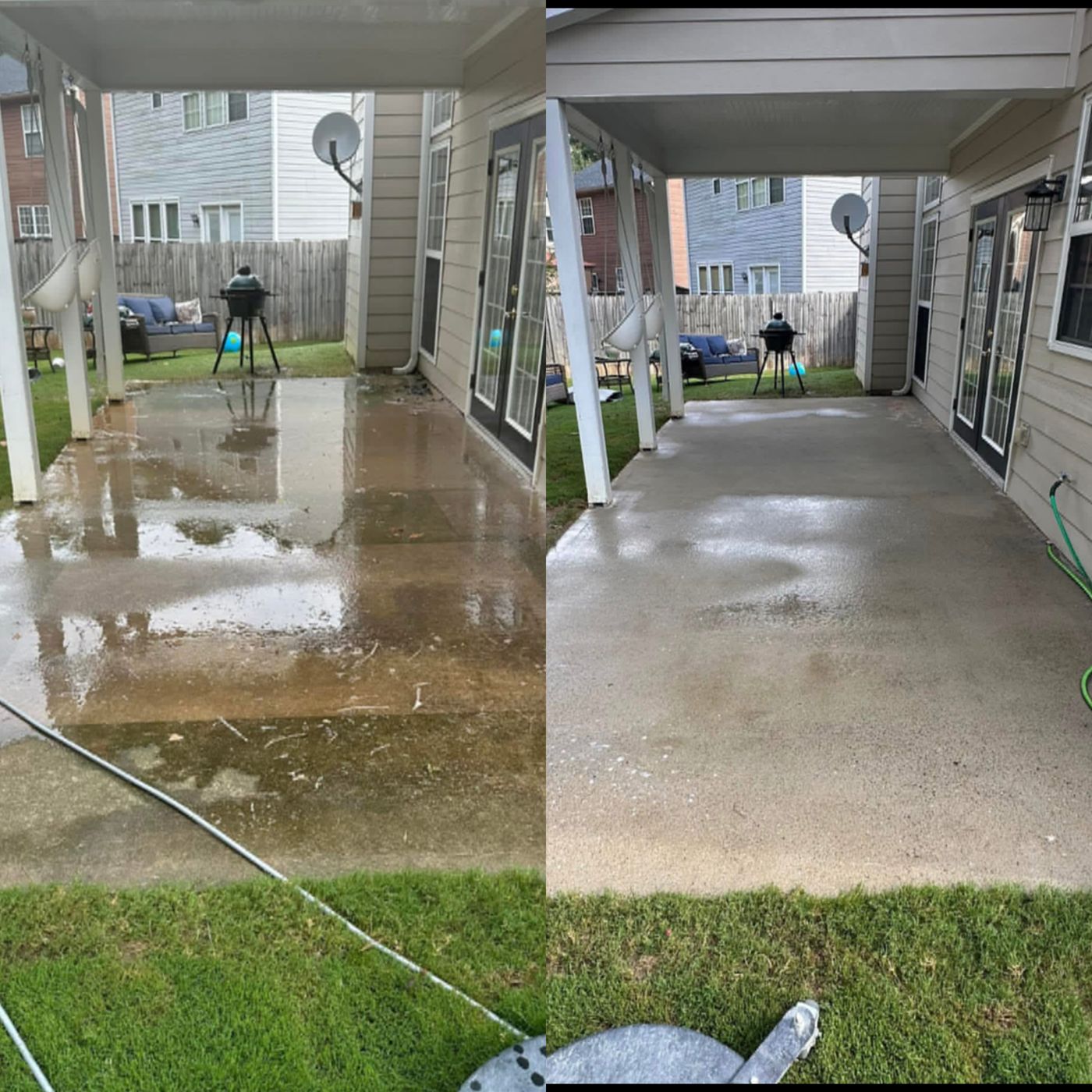 Concrete and brick cleaning result — freshly washed surface