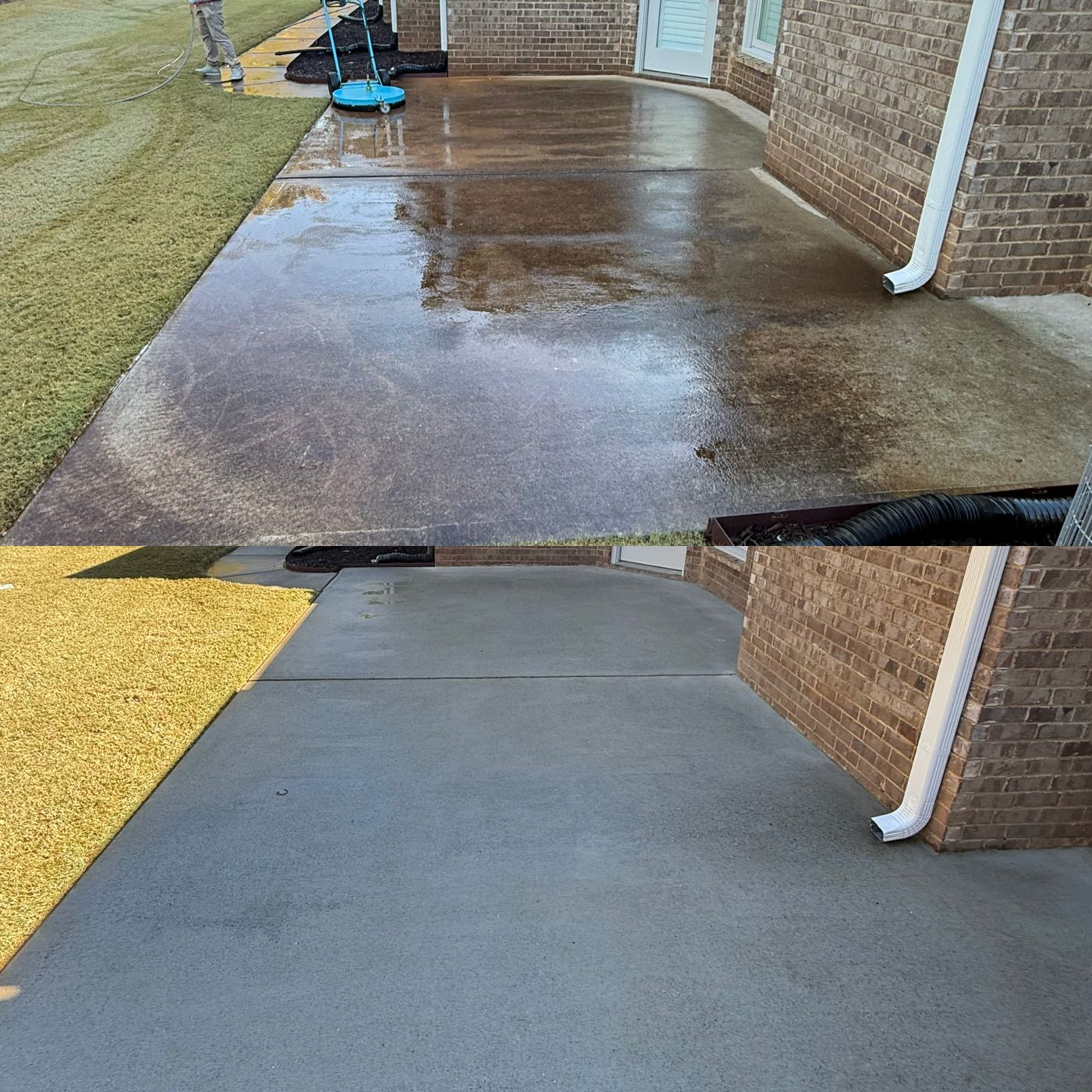 Concrete and brick cleaning result — freshly washed surface