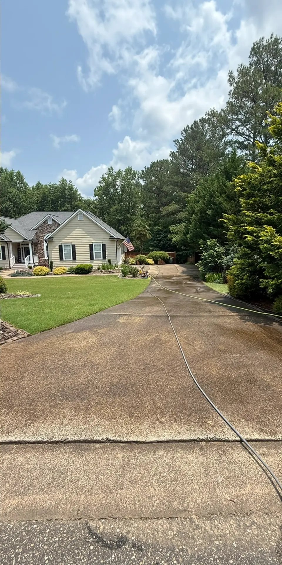 Dirty concrete driveway with algae and staining before cleaning