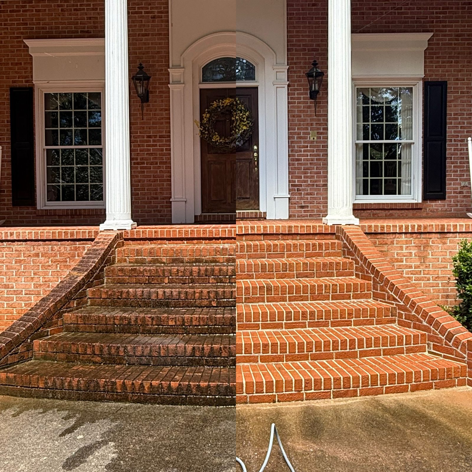 Brick porch and steps split between freshly cleaned and dirty, stained sections