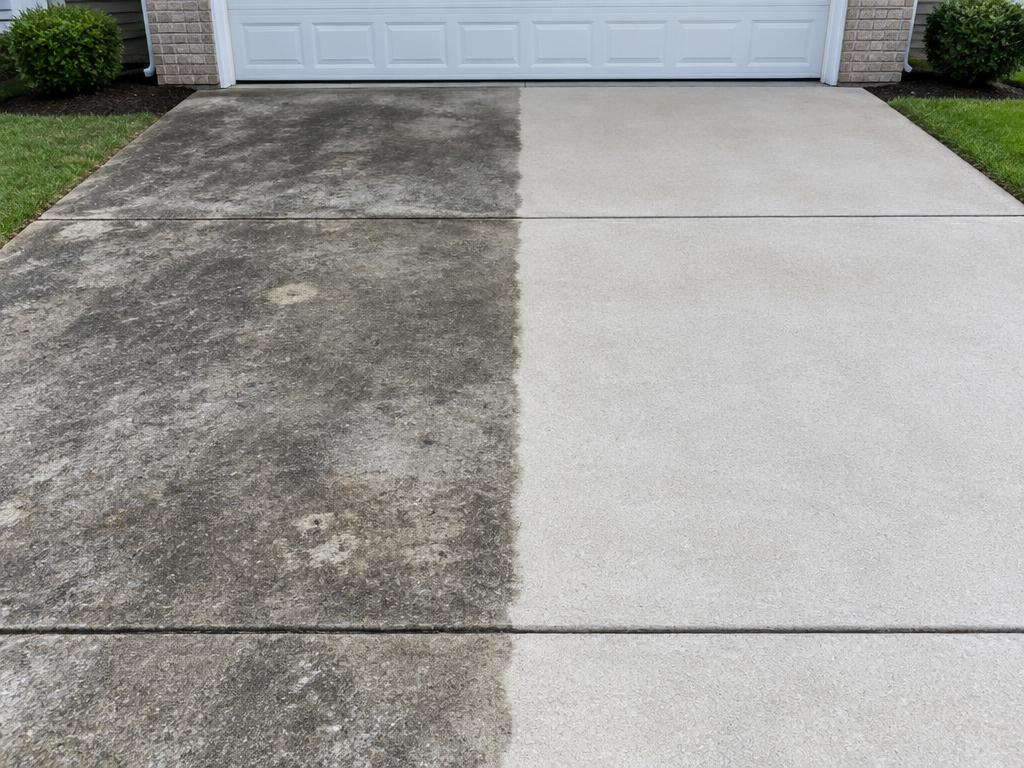 Concrete driveway with a sharp line between dirty and freshly cleaned sections