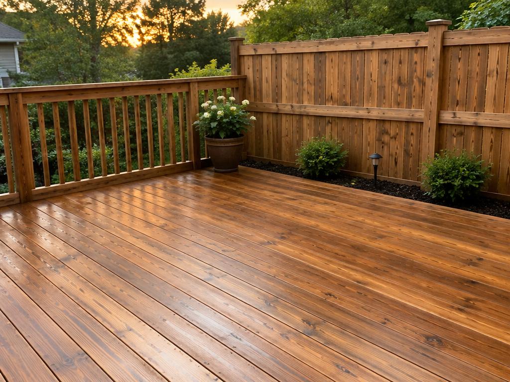 Freshly cleaned wooden deck and fence in evening light