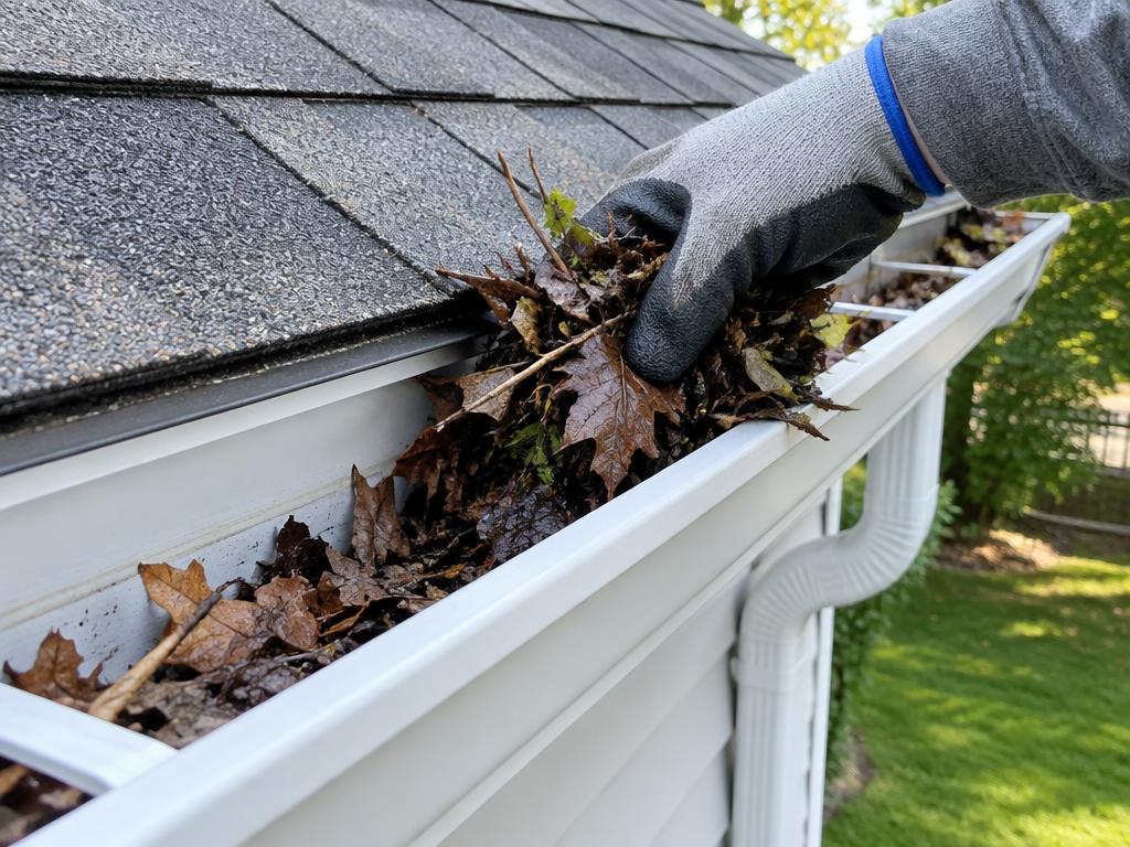 Leaves and debris being removed from a home's gutter by hand