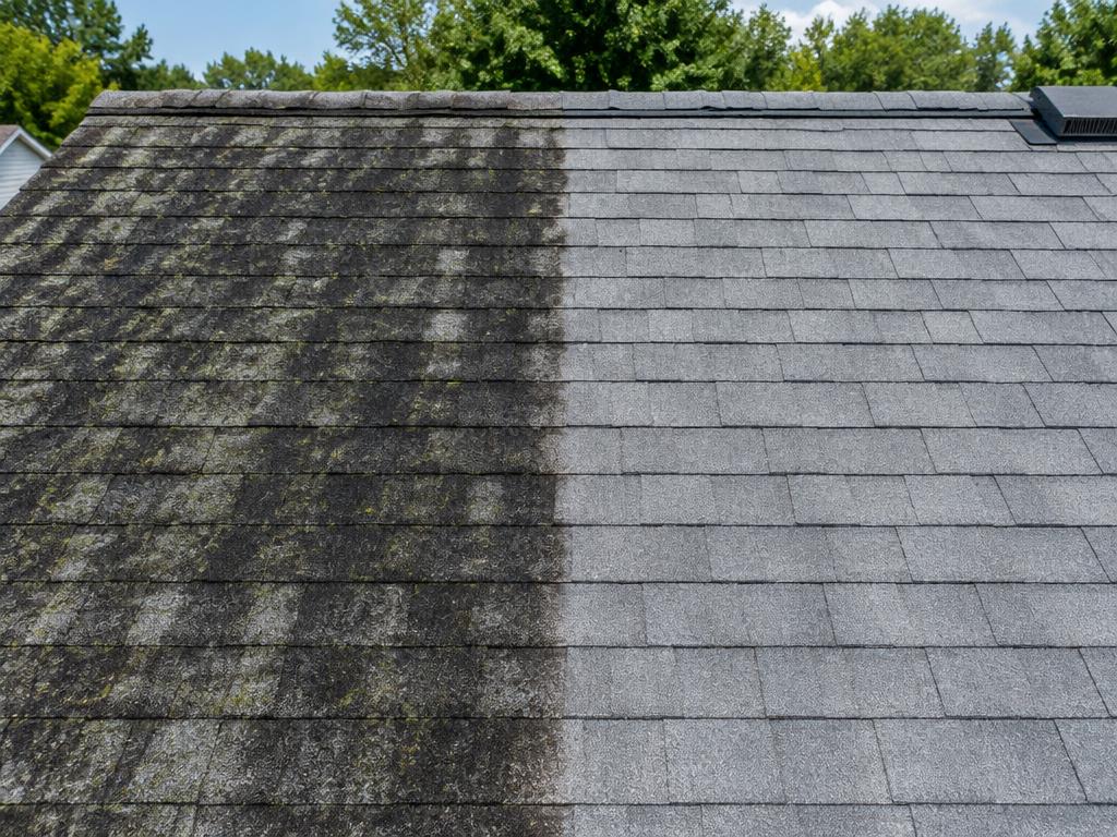 Asphalt shingle roof with black algae streaks beside a cleaned section