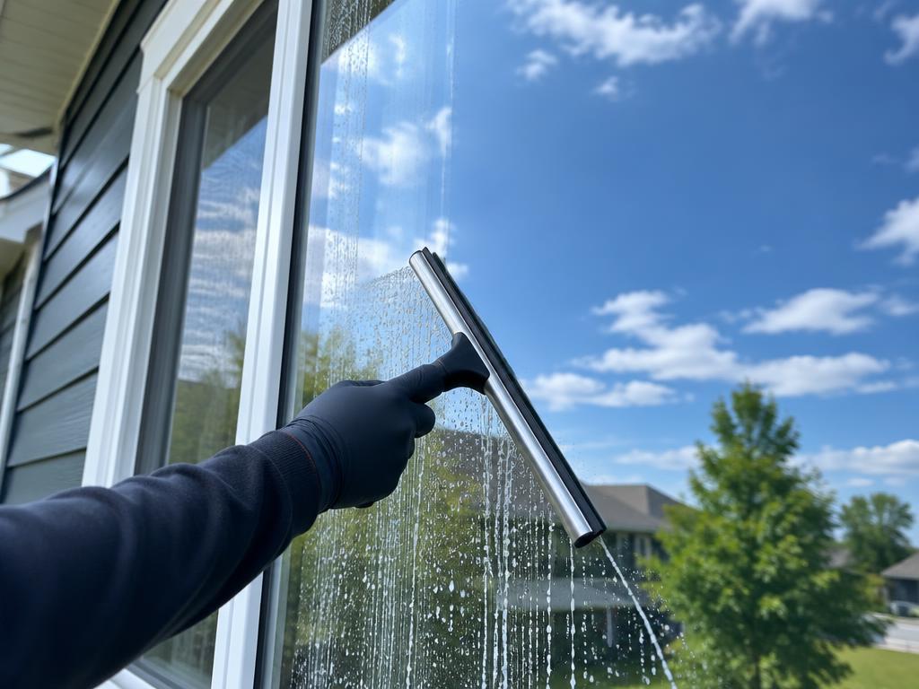 Exterior home window being cleaned with a squeegee