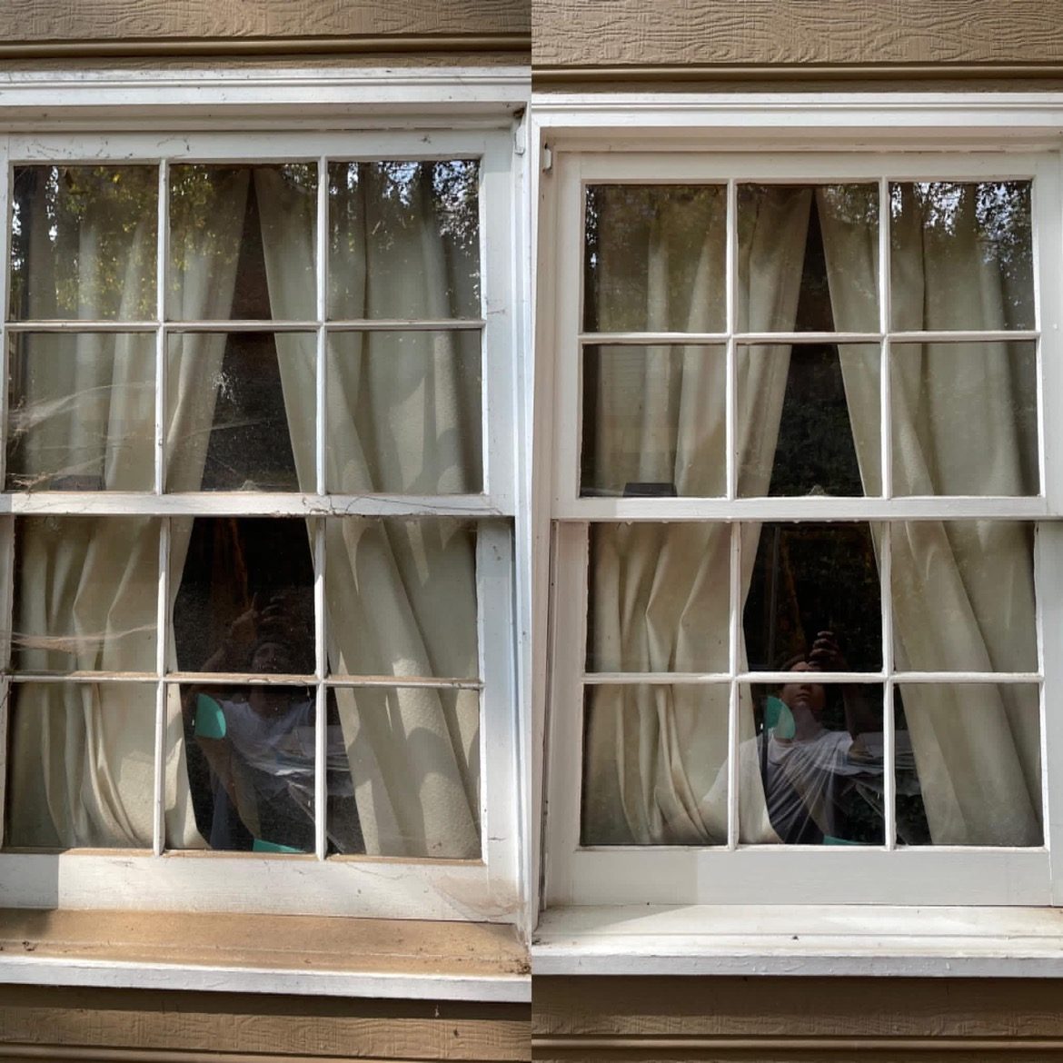 White-framed exterior window split between dirty, cobwebbed glass and a freshly cleaned side